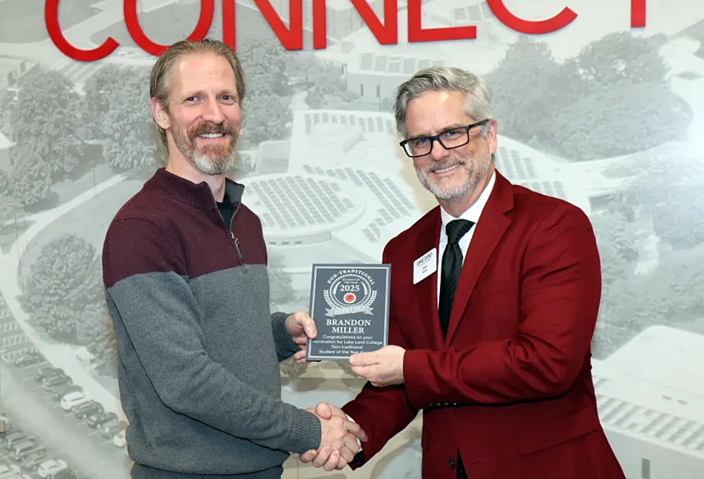 At right, Lake Land College President Josh Bullock recognizes Brandon Miller, Casey, as a nominee for the 2025 Lake Land College Non-Traditional Student of the Year award during the College’s annual Non-Traditional Student of the Year ceremony.